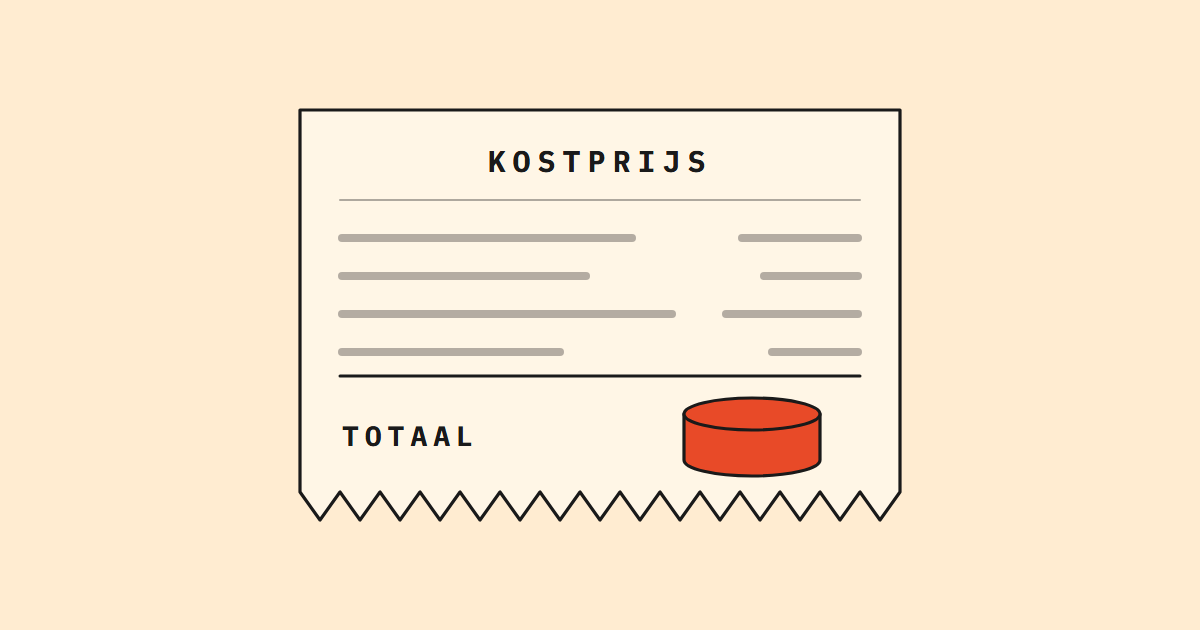 Inktlijn-illustratie van een kassabon met de kop Kostprijs en vier grijze regels. Op de totaalregel staat een koraal cake in plaats van een bedrag.