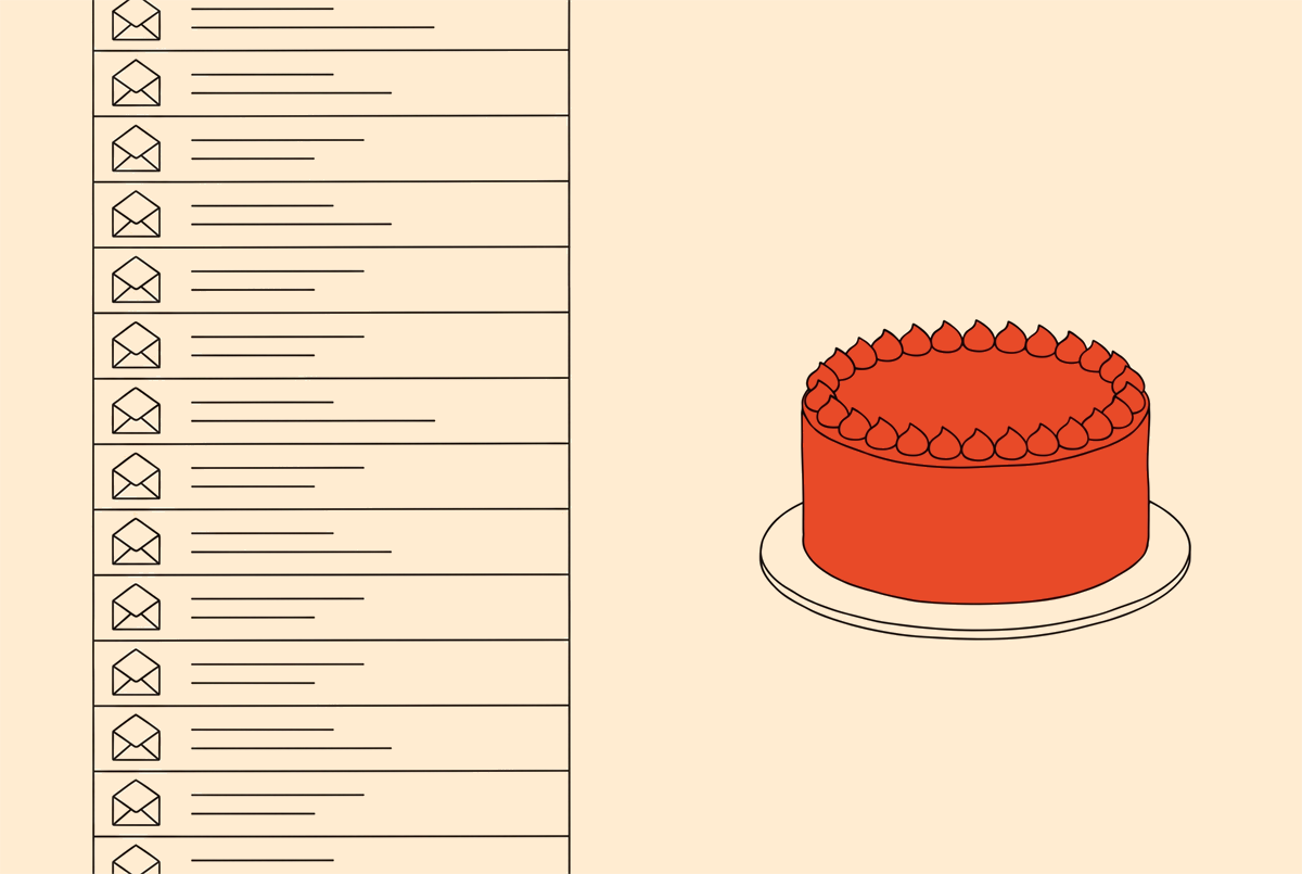 Een inbox vol geopende mails zonder enig antwoord, tegenover één cake met de boodschap erop.