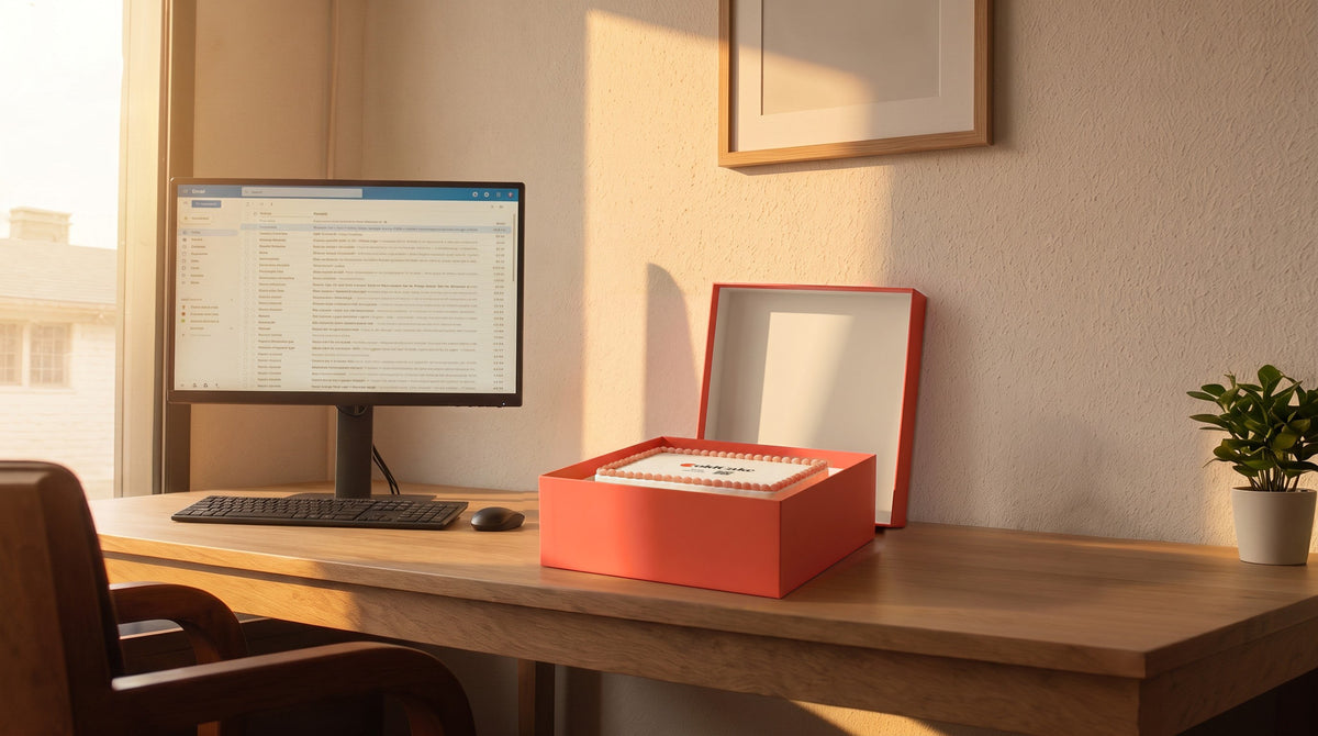 Een zonnig bureau met een computerscherm en een open koraal doos met een rechthoekige cake erin.