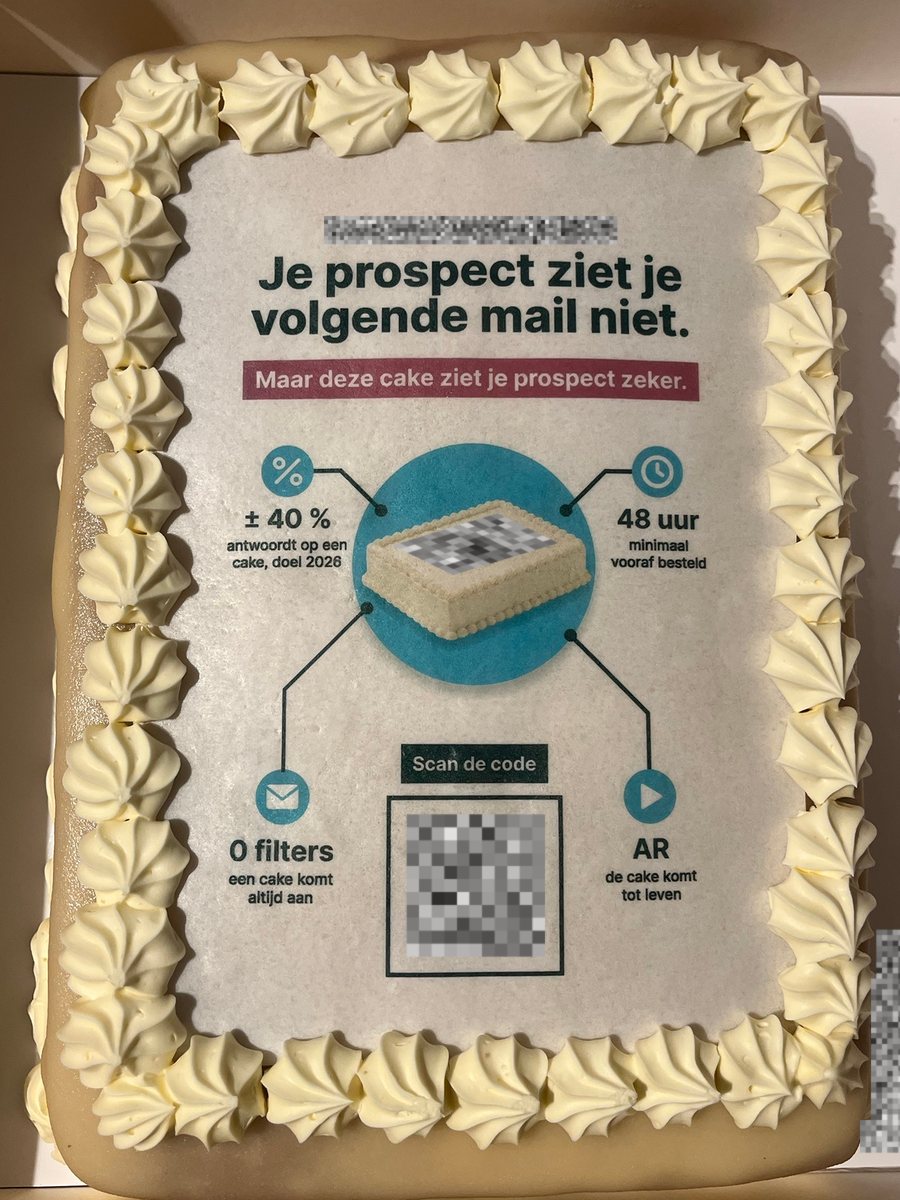 Een geleverde ColdCake: Je prospect ziet je volgende mail niet. Maar deze cake ziet je prospect zeker.
