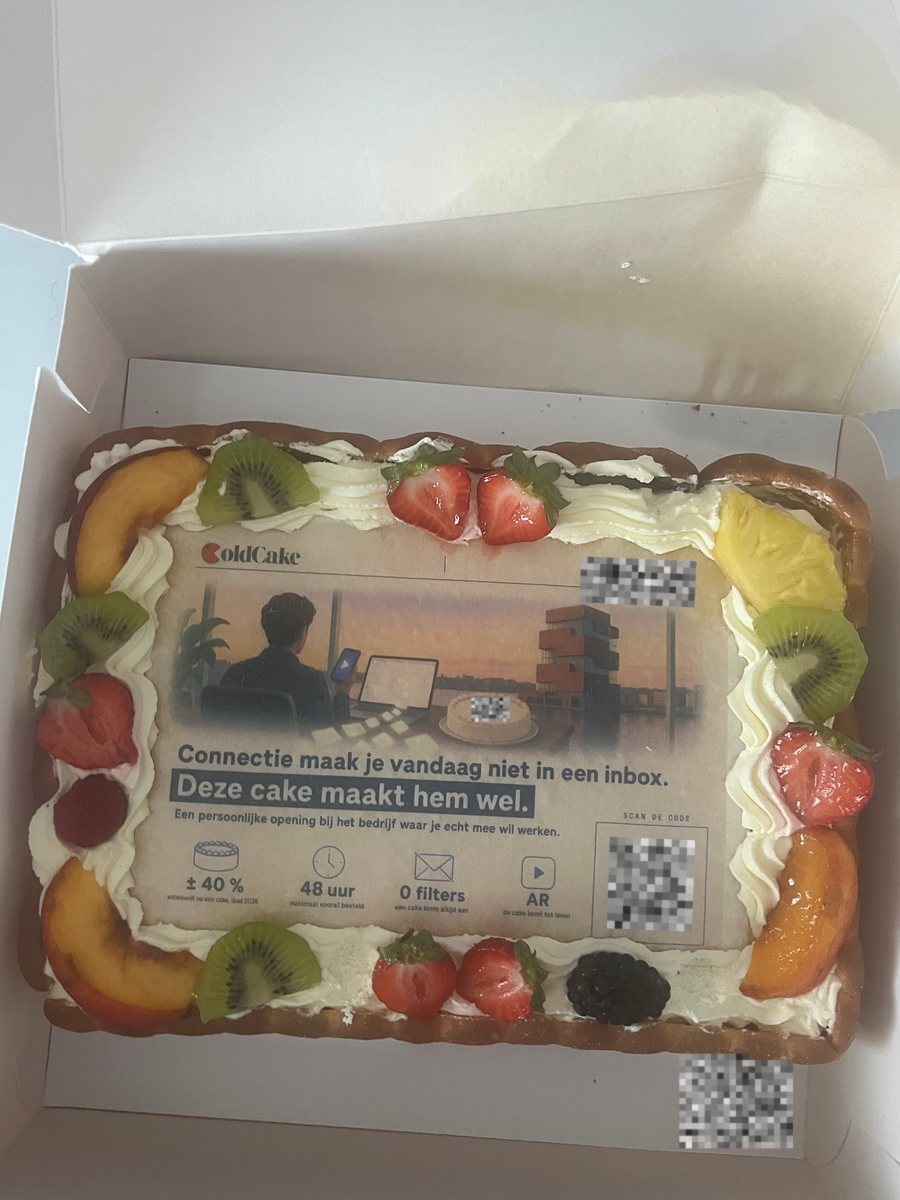 Een geleverde ColdCake met fruit: Connectie maak je vandaag niet in een inbox. Deze cake maakt hem wel.