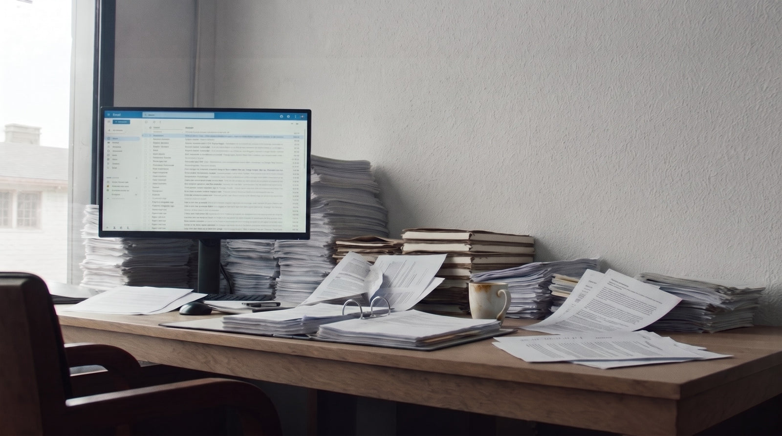 Een bureau op een grijze dag: een breedbeeldscherm met een generieke onbeantwoorde inbox, en het blad bezaaid met losse documenten, mappen en stapels papier.