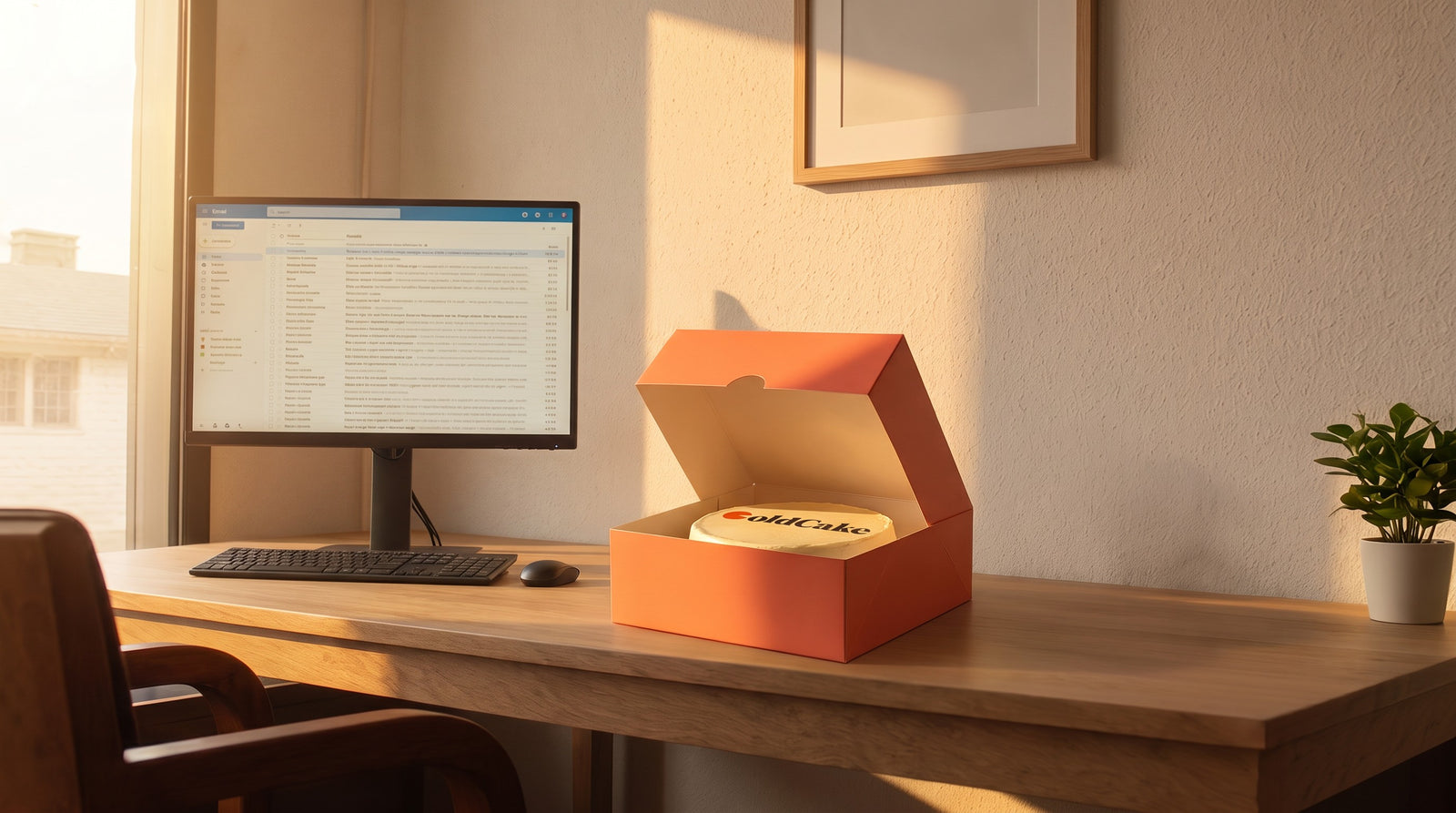 Hetzelfde bureau in warm namiddaglicht, helemaal leeggeruimd, met een open koraalkleurige doos met een cake erin, een plant ernaast en een lijst aan de muur.