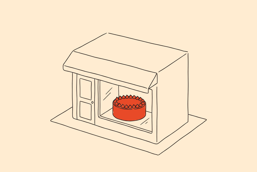 Een getekende bakkerij van schuin boven, met in de etalage een koraal ronde cake met een ring glazuurdotjes.