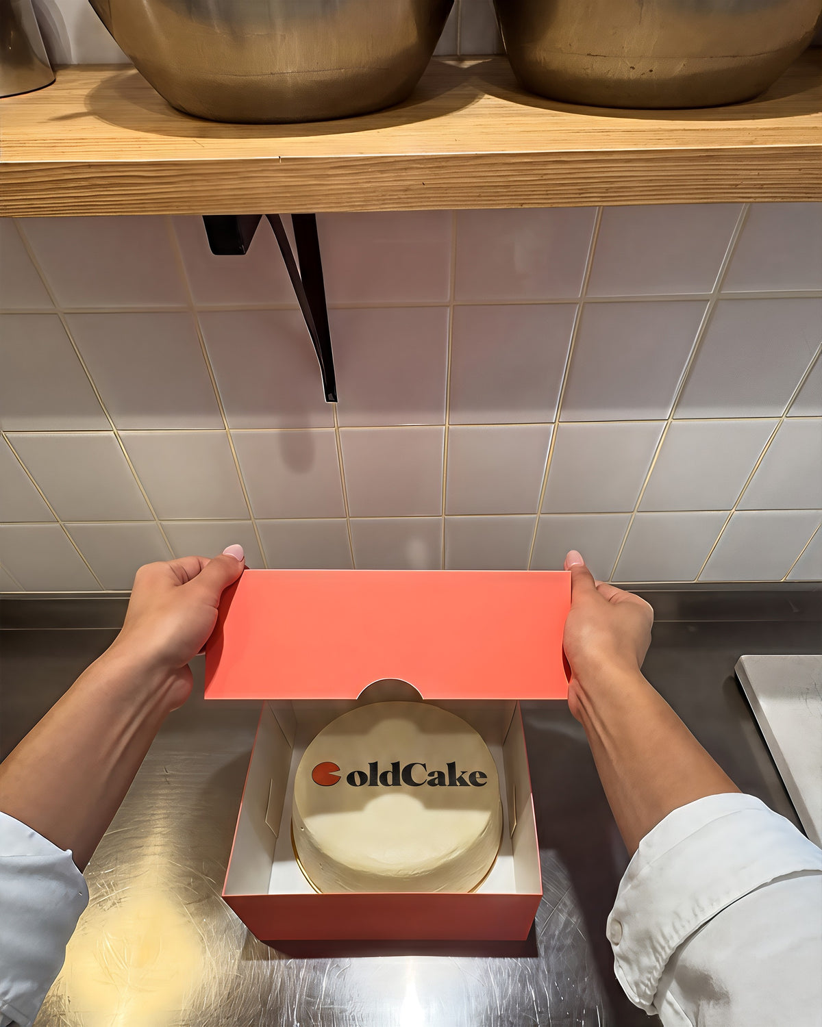 In de bakkerij legt de bakker het koraalkleurige deksel op de doos, met de cake met het ColdCake-merk erin, op een stalen werkbank.