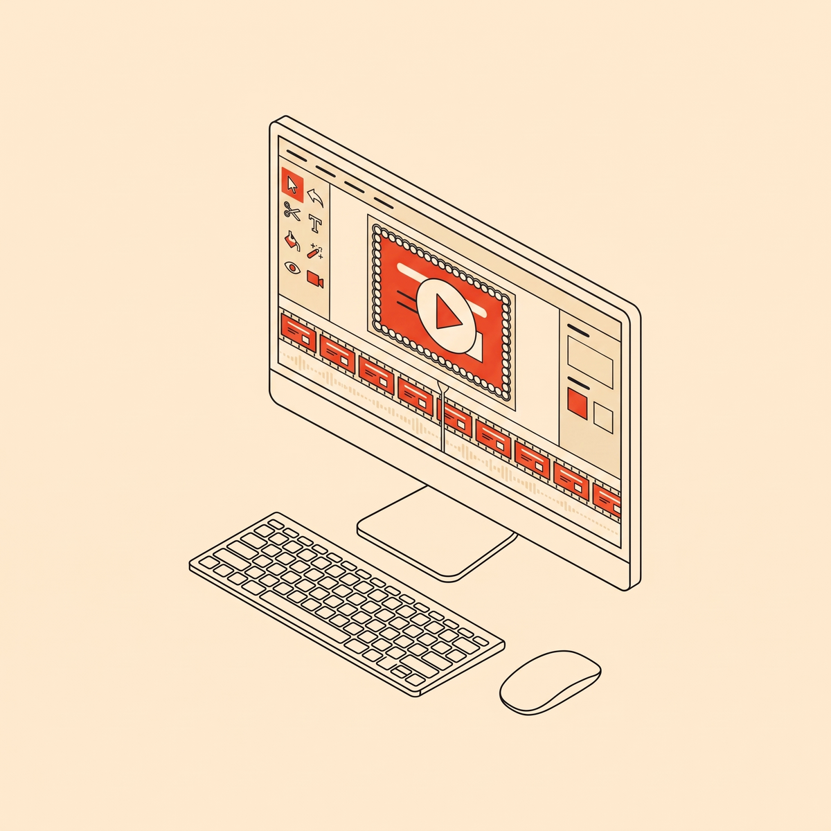 Tekening van een computer met een videoprogramma en een cakeontwerp op het scherm.