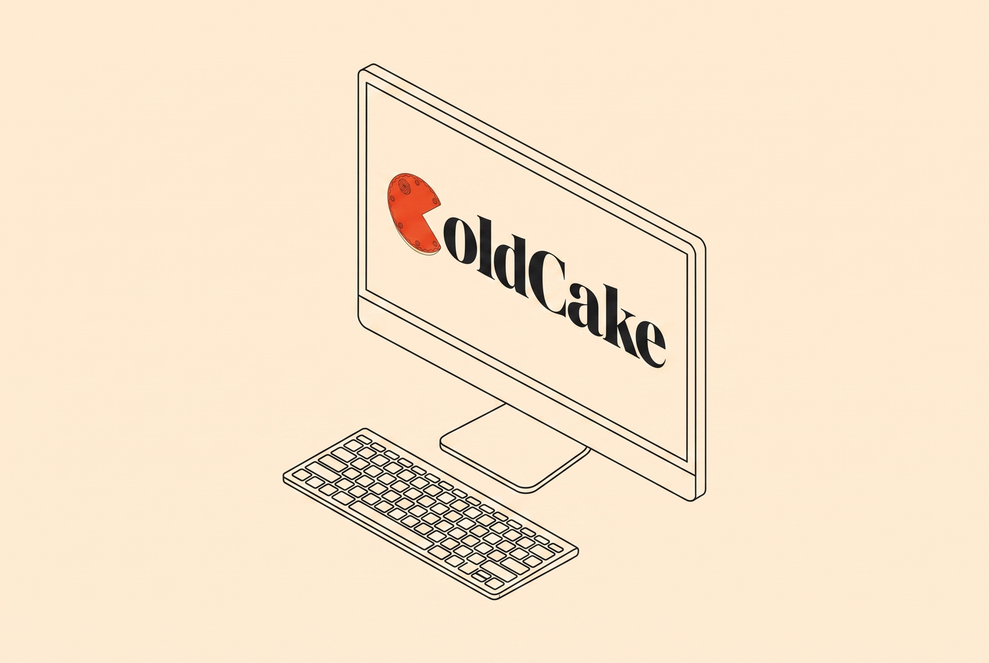 Tekening van een computerscherm met het ColdCake-logo erop en een toetsenbord ervoor.