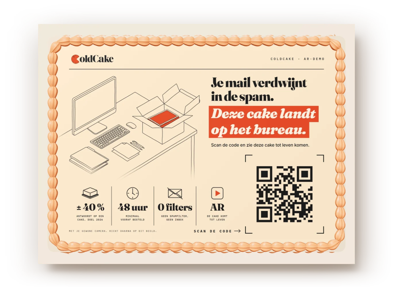 Het demo-ontwerp op een ColdCake, met de QR-code erop.