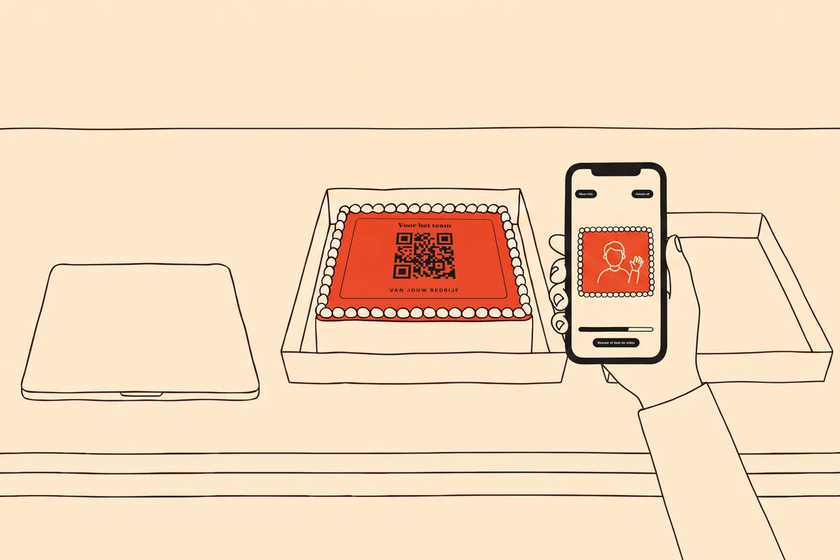 AI-beeld: iemand houdt een telefoon naast de cake. Op het scherm speelt een video op de cake.