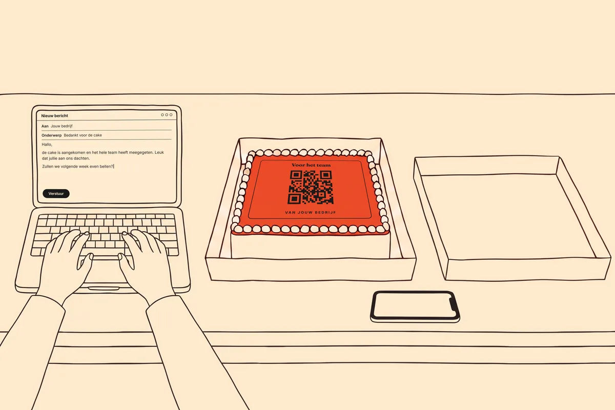 AI-beeld: naast de cake staat een opengeklapte laptop met een nieuwe mail aan de afzender.